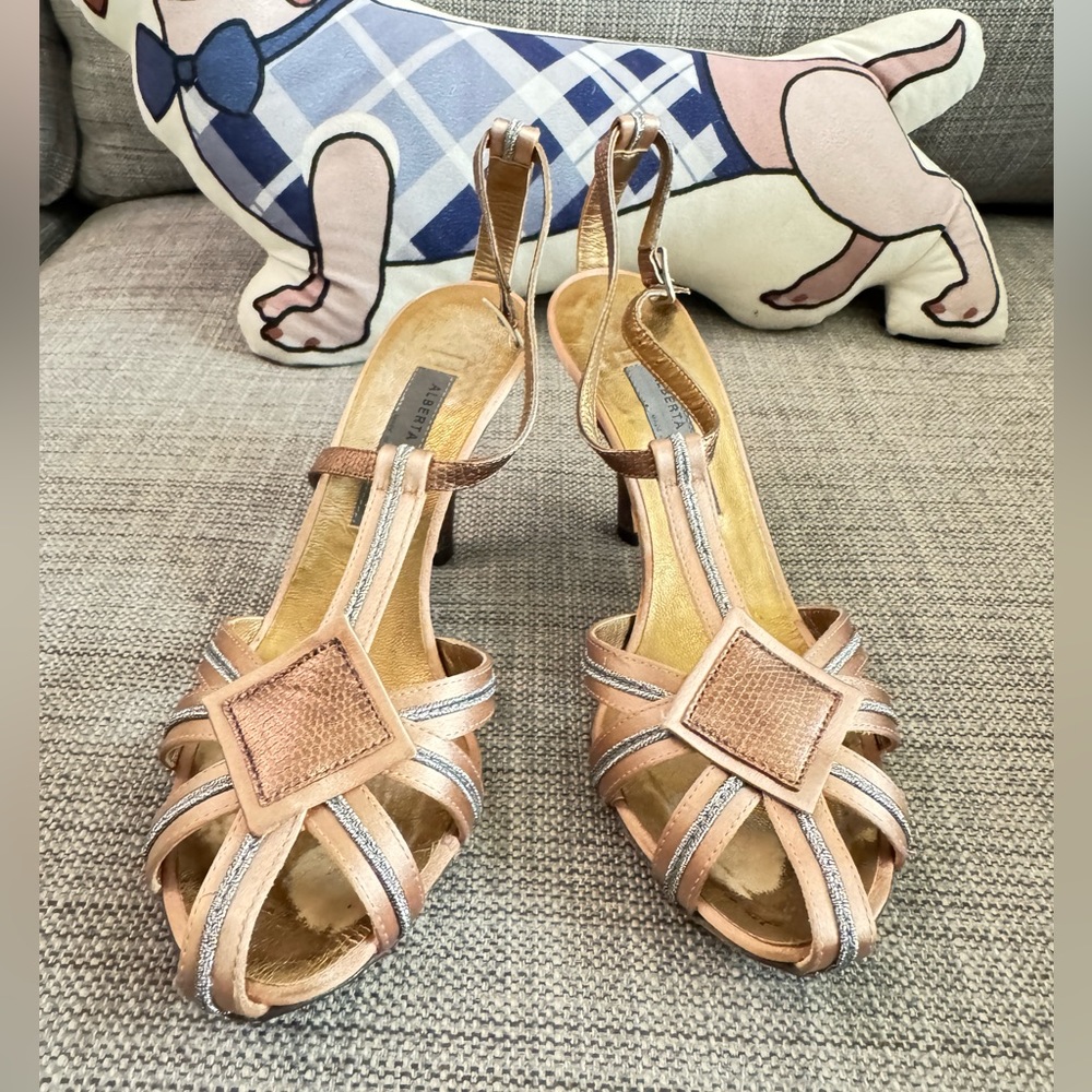 Alberta Ferretti copper satin sandals with silver threads stitching